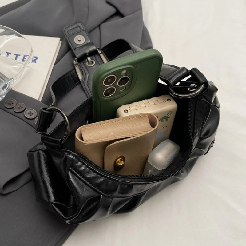 Classic Black Pleated Hobo Bag